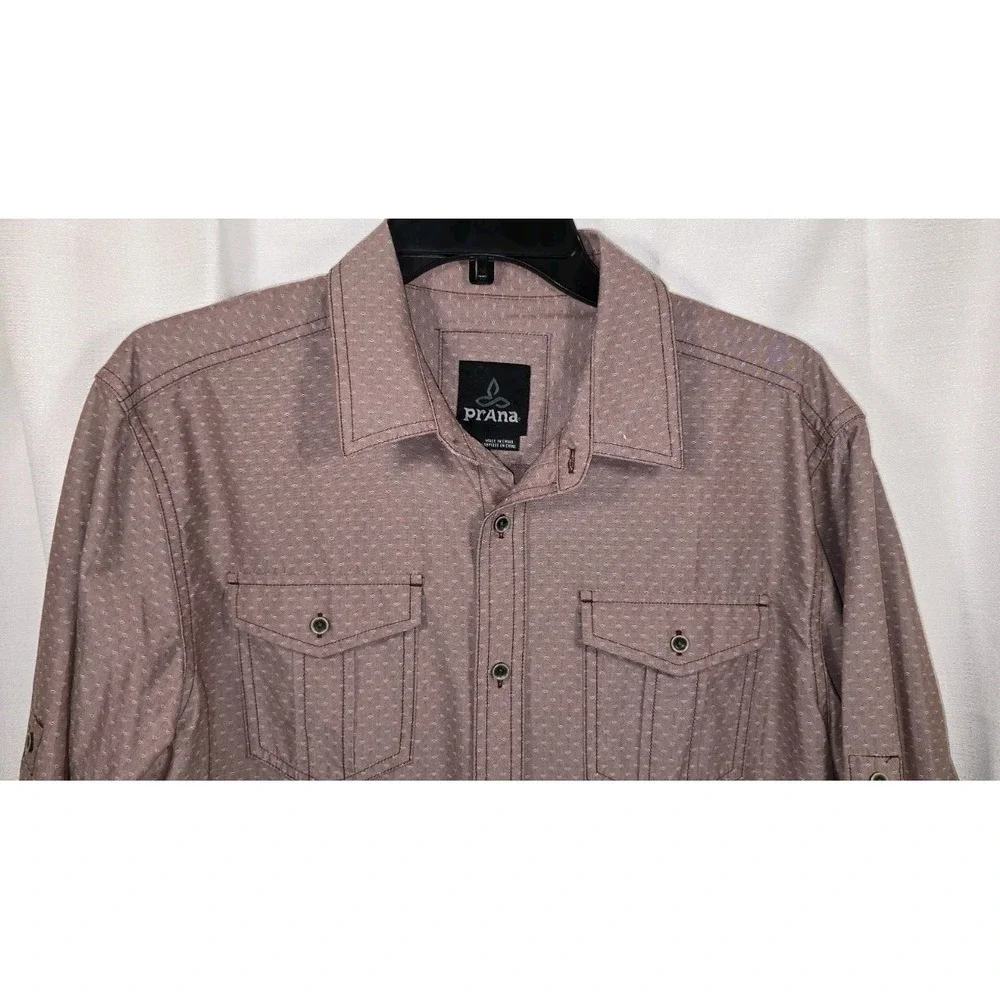 Prana Mens Long Sleeve Button Down Shirt Mauve Geometric Print Roll Tab‎ Medium